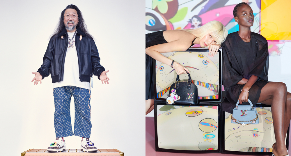 村上隆與 Louis Vuitton 聯名作品,彩色 Monogram 行李箱,搭配村上隆標誌性的 Panda 熊貓包